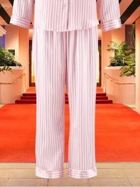 EUC Beverly Hills Hotel Elastic Striped 100% silk PJ Pants Pink & White Size